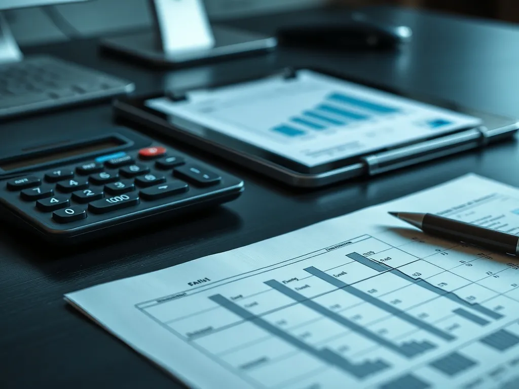 Professional close-up of financial documents, calculator, an