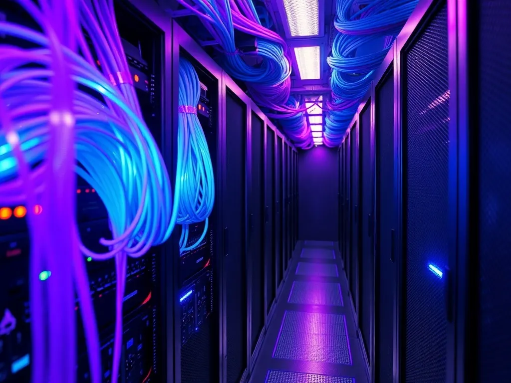 A high-tech server room with glowing cyan and violet cables,