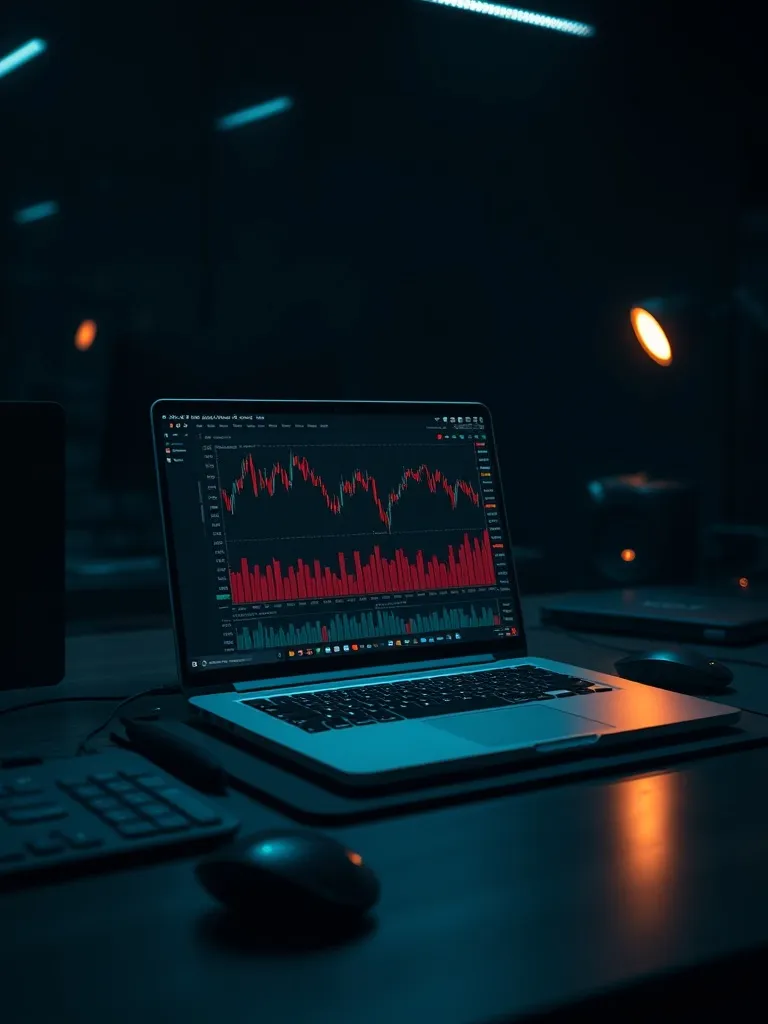 High-tech office desk with a laptop showing financial charts